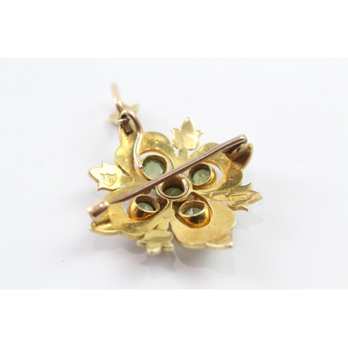 358 - 15ct gold Victorian pearl and peridot set starburst brooch (7.9g)