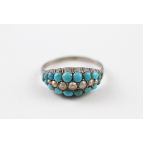 359 - 9ct gold and silver antique turquoise and pearl set poison ring (3.5g) Size O