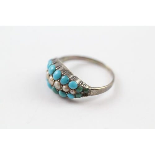 359 - 9ct gold and silver antique turquoise and pearl set poison ring (3.5g) Size O