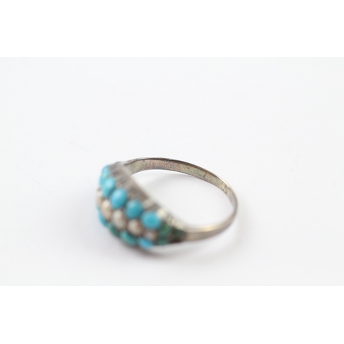 359 - 9ct gold and silver antique turquoise and pearl set poison ring (3.5g) Size O