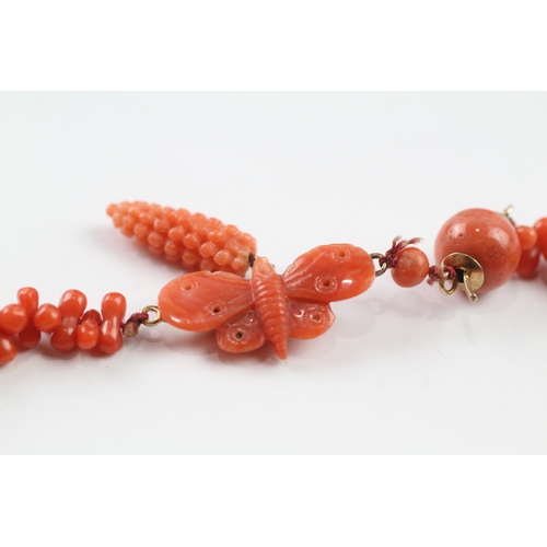 372 - 9ct gold antique coral necklace with carved butterfly (11.5g)