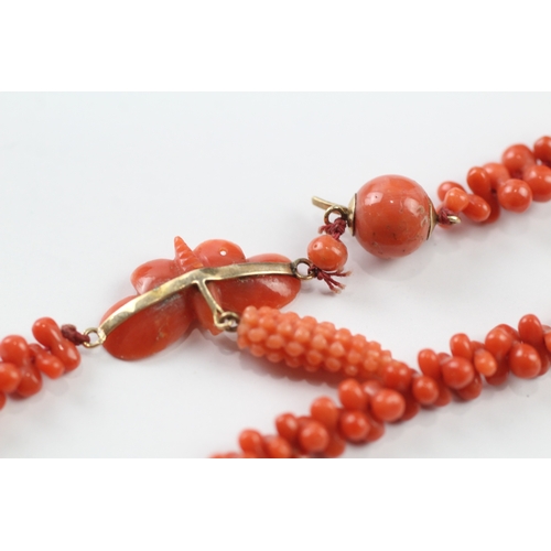 372 - 9ct gold antique coral necklace with carved butterfly (11.5g)