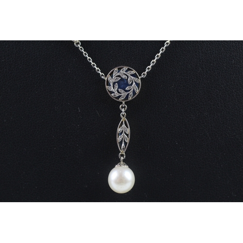 373 - 9ct gold & 850 platinum diamond and pearl necklace (7.2g)