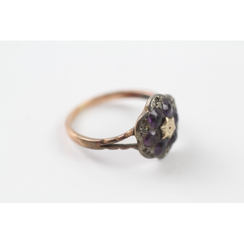 376 - Low carat diamond and amethyst floral cluster dress ring (2.6g) Size P