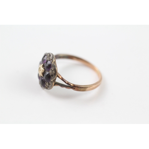 376 - Low carat diamond and amethyst floral cluster dress ring (2.6g) Size P