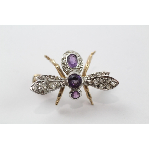 400 - A gold and silver diamond and amethyst set bug brooch (3.6g)