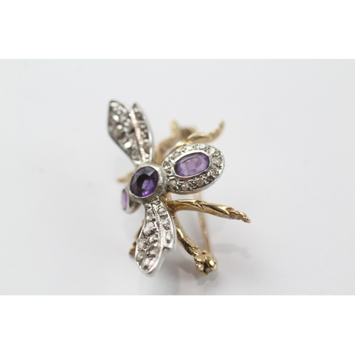 400 - A gold and silver diamond and amethyst set bug brooch (3.6g)