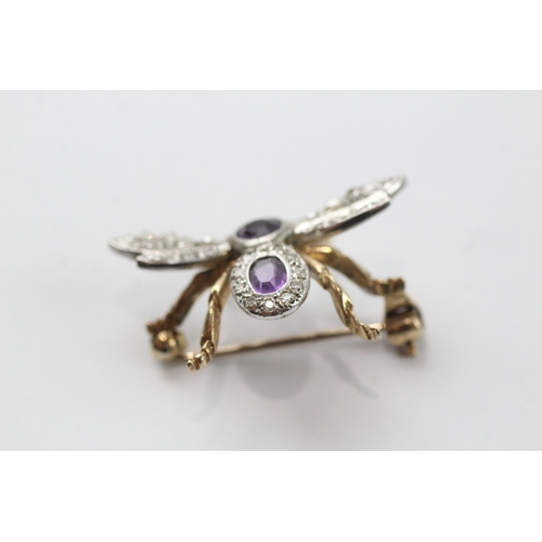 400 - A gold and silver diamond and amethyst set bug brooch (3.6g)