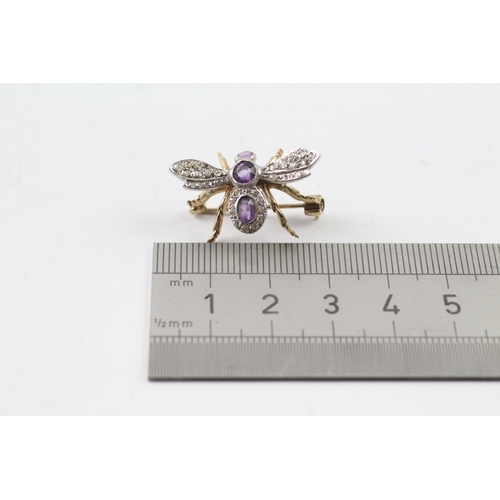 400 - A gold and silver diamond and amethyst set bug brooch (3.6g)