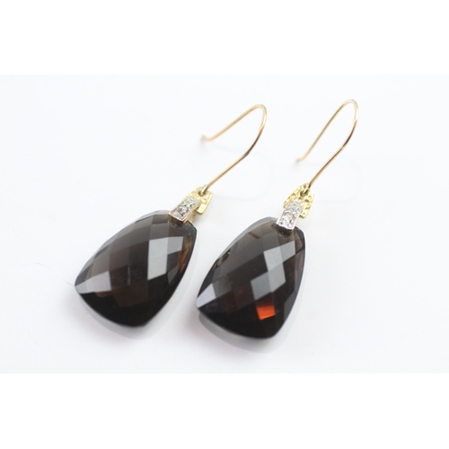 413 - 9ct gold diamond and smoky quartz drop earrings (7.4g)