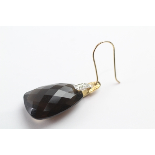 413 - 9ct gold diamond and smoky quartz drop earrings (7.4g)