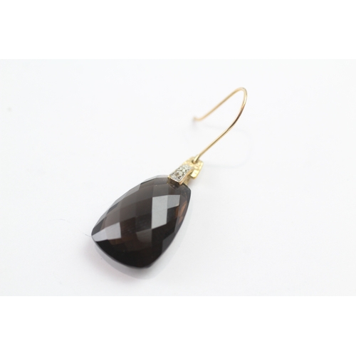 413 - 9ct gold diamond and smoky quartz drop earrings (7.4g)