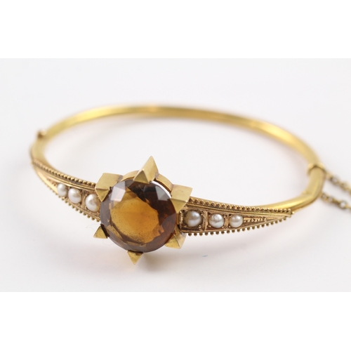 419 - 15ct gold Victorian smoky quartz and pearl bangle (13.3g)