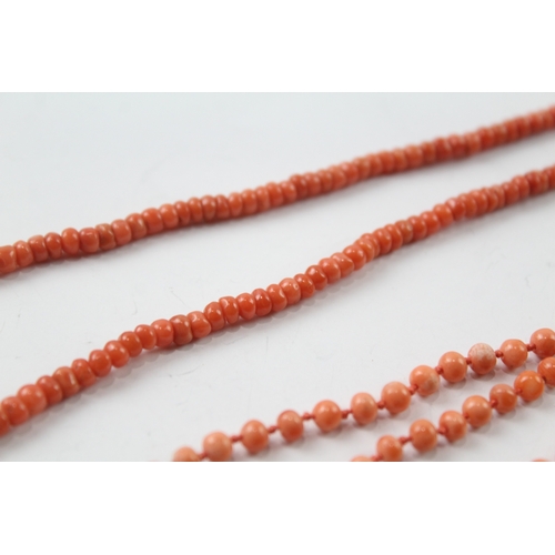 446 - Two antique coral bead necklaces, one with a 9ct gold clasp (27.2g)