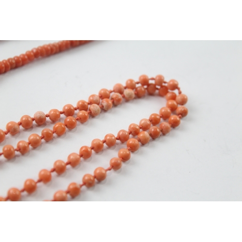 446 - Two antique coral bead necklaces, one with a 9ct gold clasp (27.2g)