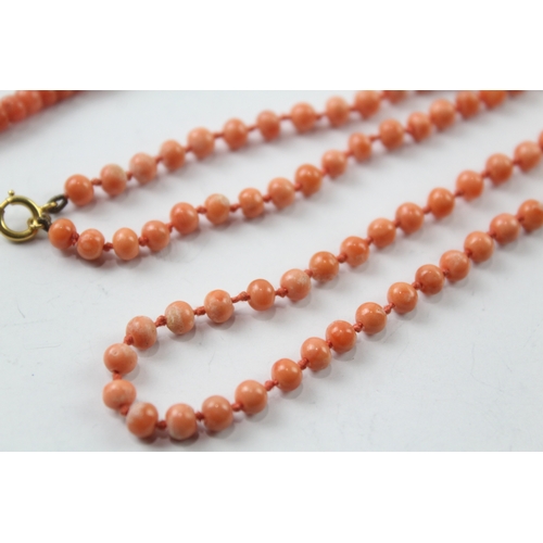 446 - Two antique coral bead necklaces, one with a 9ct gold clasp (27.2g)