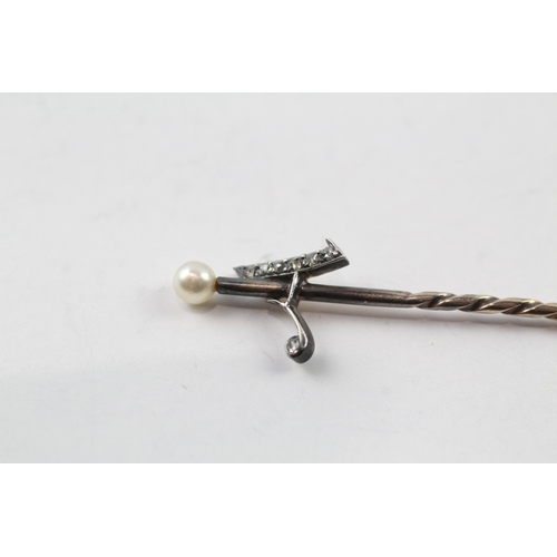 449 - Antique gold and silver diamond and pearl set stick pin (1.3g)