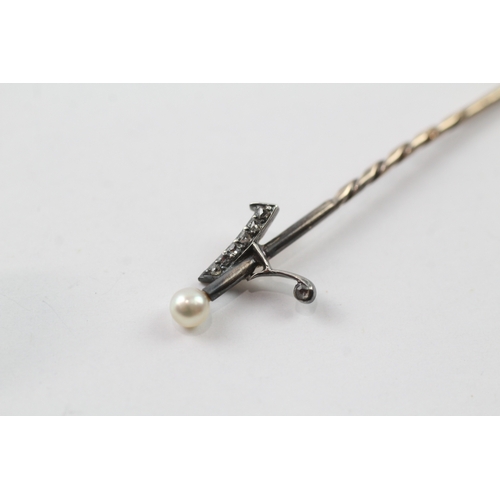 449 - Antique gold and silver diamond and pearl set stick pin (1.3g)