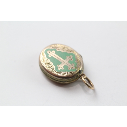 455 - 9ct gold back and front locket with enamel detail (3.8g)