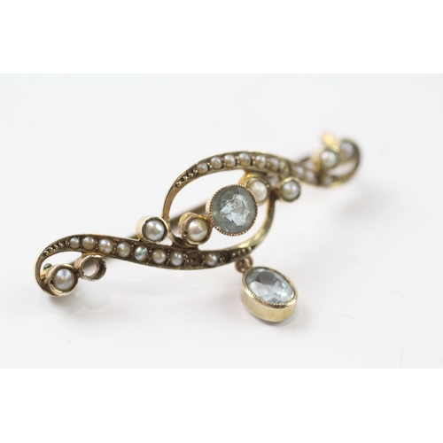 477 - 9ct gold pearl and paste set brooch, as found (3.3g)