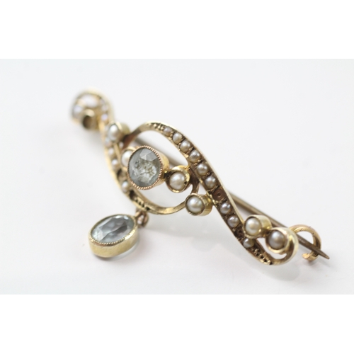 477 - 9ct gold pearl and paste set brooch, as found (3.3g)