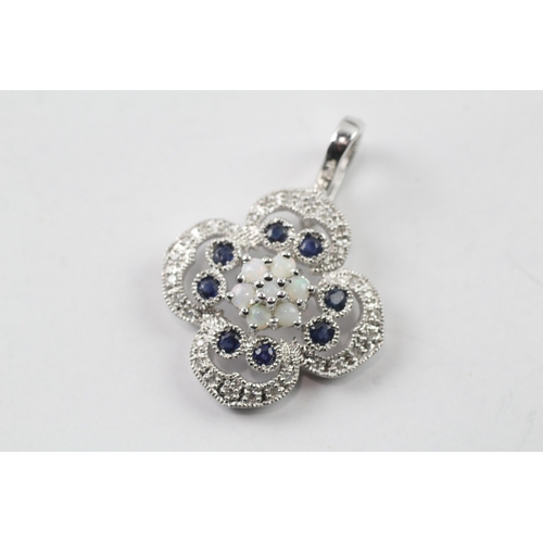 490 - 9ct white gold diamond, sapphire and opal pendant (4.3g)