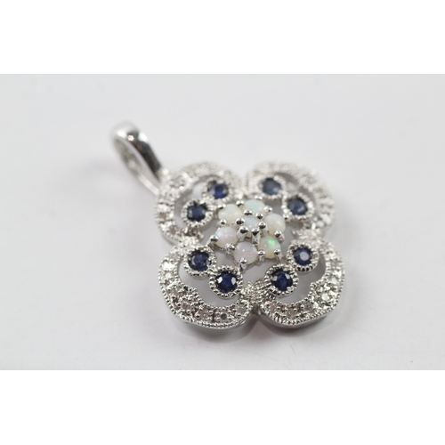 490 - 9ct white gold diamond, sapphire and opal pendant (4.3g)