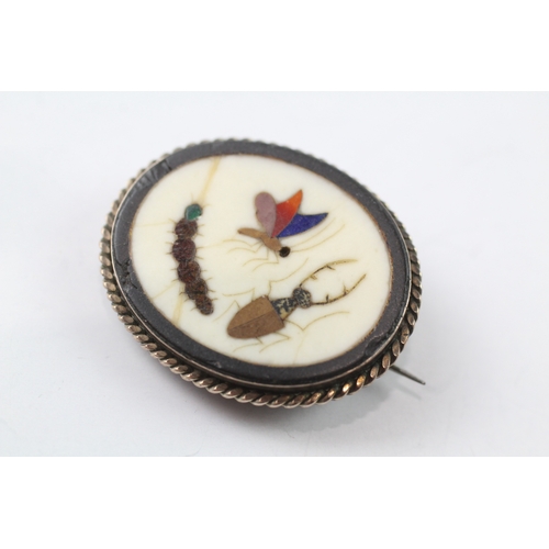 513 - Victorian gold Pietra dura gemstone inlay bug brooch (5.6g)