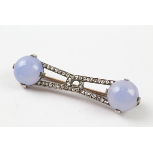 52 - 9ct gold and silver diamond and chalcedony bar brooch (5.7g)