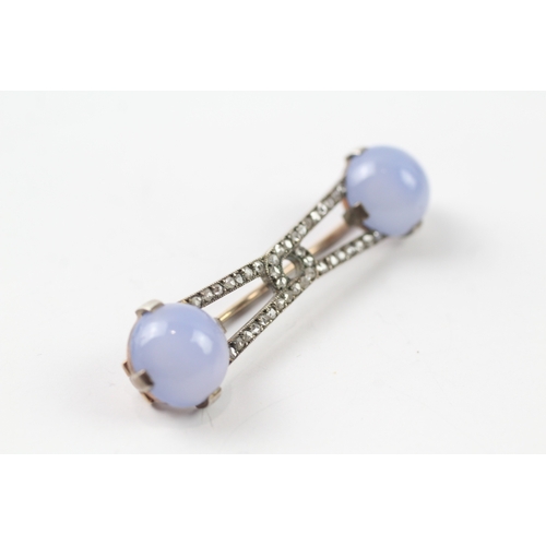 52 - 9ct gold and silver diamond and chalcedony bar brooch (5.7g)