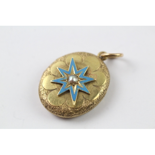 527 - 15ct gold Victorian locket with enamel and pearl detail (6.4g)