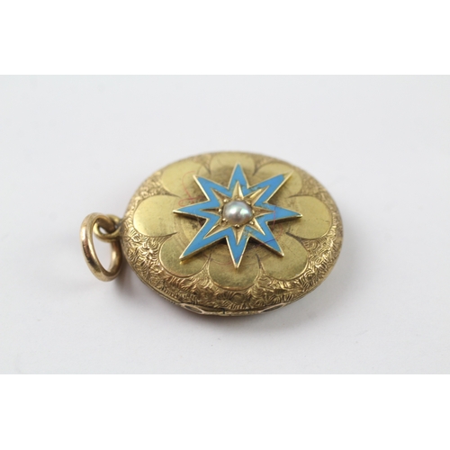 527 - 15ct gold Victorian locket with enamel and pearl detail (6.4g)