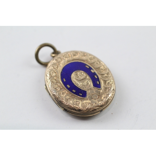 544 - 9ct gold back and front locket with enamel detail (4.8g)