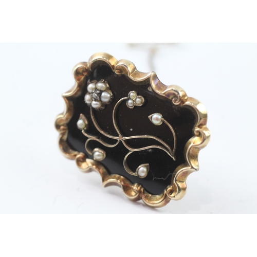 59 - 9ct gold enamel, diamond and pearl set Victorian brooch (13.2g)