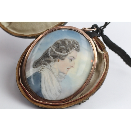 6 - 9ct gold antique hand painted mourning portrait pendant (34.2g)