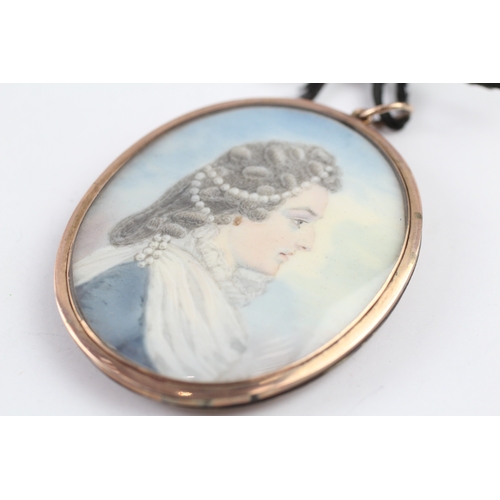 6 - 9ct gold antique hand painted mourning portrait pendant (34.2g)