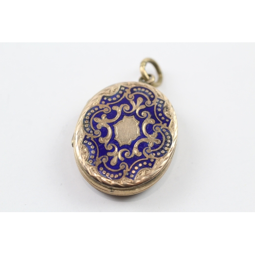 7 - 9ct gold back and front locket with enamel detail (7.9g)