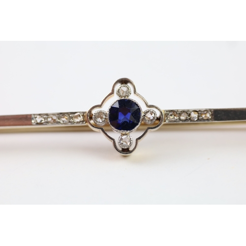 79 - 15ct gold diamond and sapphire bar brooch (6.1g)