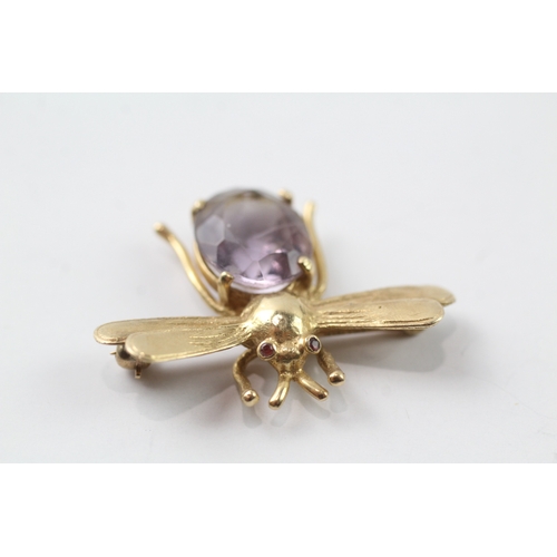 95 - 14ct gold amethyst and ruby set bug brooch (5.2g)