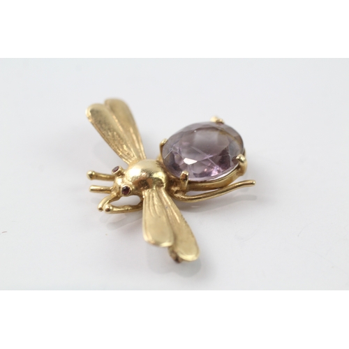 95 - 14ct gold amethyst and ruby set bug brooch (5.2g)