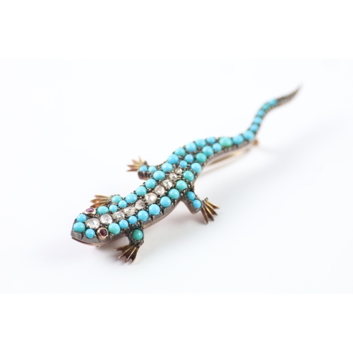 99 - 9ct gold and silver lizard brooch set with diamond, turquoise and ruby (7.8g)