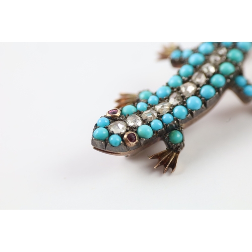 99 - 9ct gold and silver lizard brooch set with diamond, turquoise and ruby (7.8g)