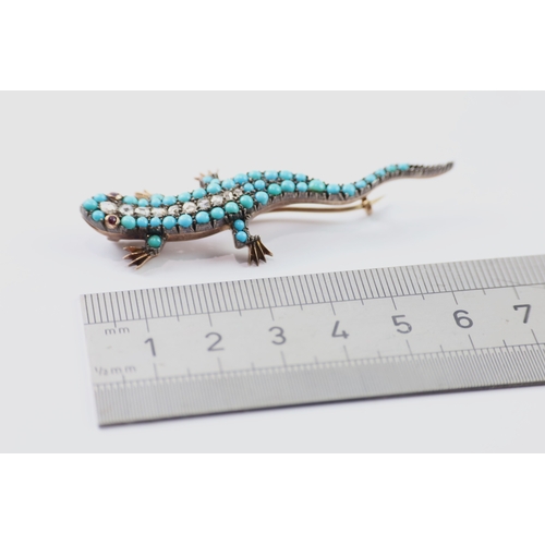 99 - 9ct gold and silver lizard brooch set with diamond, turquoise and ruby (7.8g)