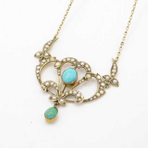 167 - 9ct gold Art Nouveau pearl and turquoise set lavaliere necklace (5.5g)