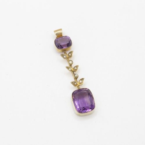 224 - 9ct gold amethyst and seed pearl pendant (4.1g)