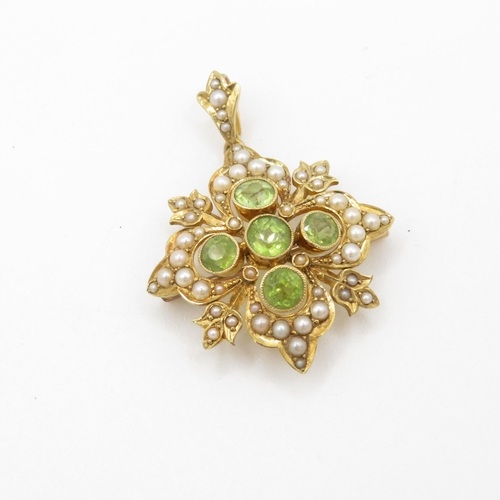 358 - 15ct gold Victorian pearl and peridot set starburst brooch (7.9g)