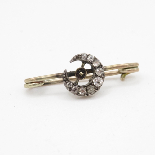 430 - Victorian gold and silver diamond set crescent moon brooch, as found (2.2g)