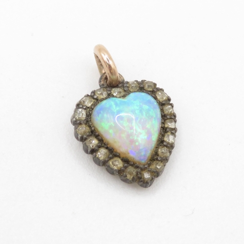 438 - 9ct gold and silver opal and diamond heart pendant (1.9g)