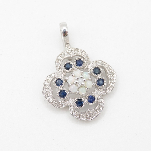 490 - 9ct white gold diamond, sapphire and opal pendant (4.3g)