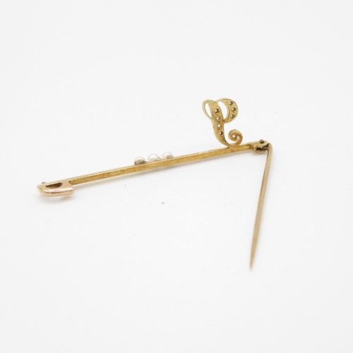 311 - 12ct gold bar brooch with pearls and diamond initial (1.7g)